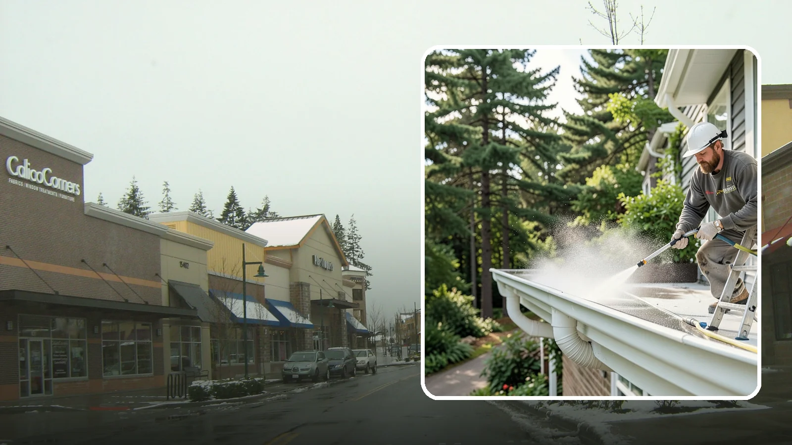 Exterior Gutter Whitening in Mill Creek, Snohomish County, WA - Whitening service that scrubs the gray oxidation and grime off white gutter faces to match their original brightness.