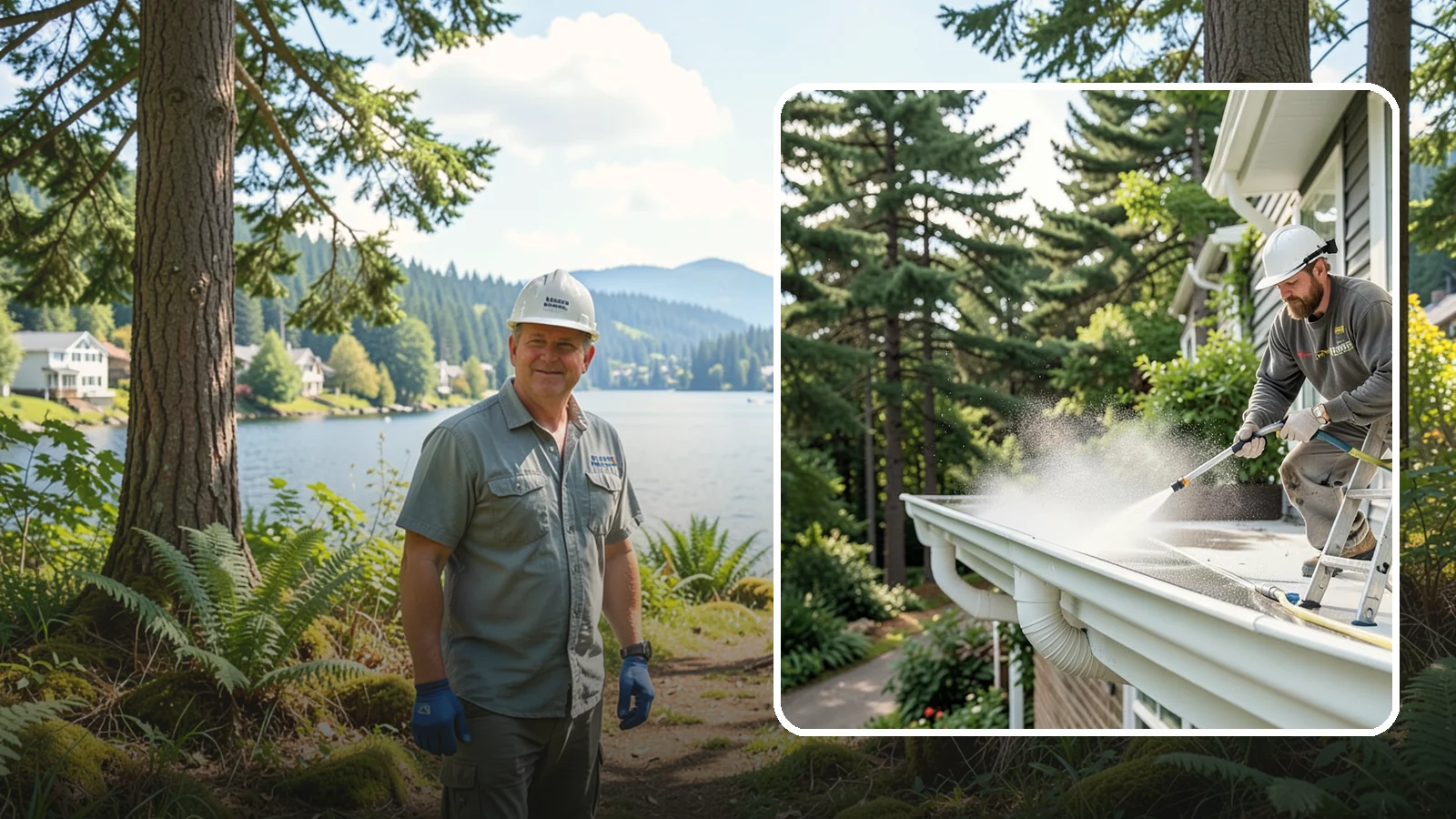 Exterior Gutter Whitening in Milton, King County, WA - Whitening service that scrubs the gray oxidation and grime off white gutter faces to match their original brightness.