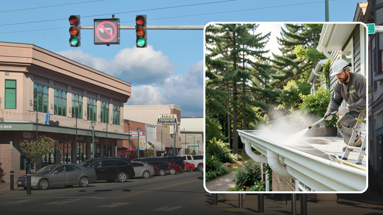 Exterior Gutter Whitening in Monroe, Snohomish County, WA - Whitening service that scrubs the gray oxidation and grime off white gutter faces to match their original brightness.