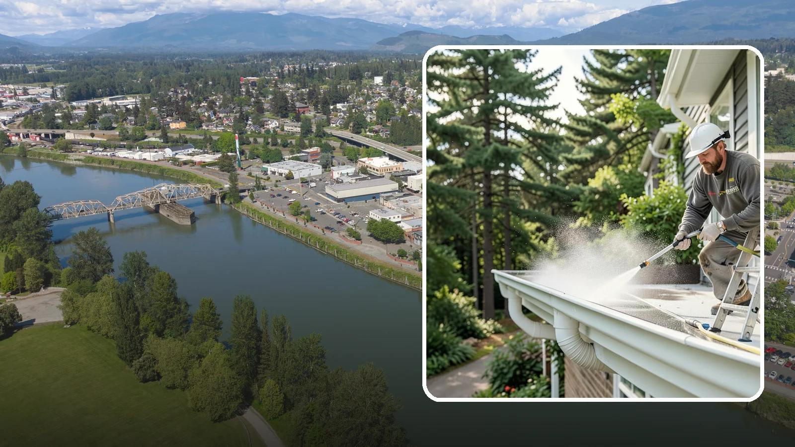 Exterior Gutter Whitening in Mount Vernon, Skagit County, WA - Whitening service that scrubs the gray oxidation and grime off white gutter faces to match their original brightness.