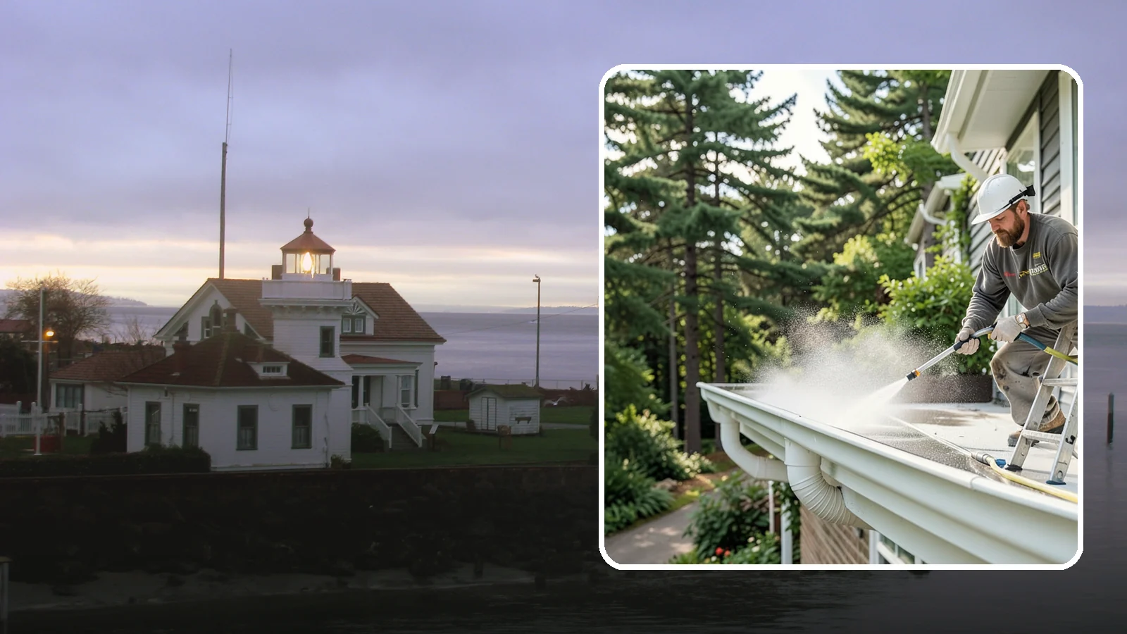 Exterior Gutter Whitening in Mukilteo, Snohomish County, WA - Whitening service that scrubs the gray oxidation and grime off white gutter faces to match their original brightness.