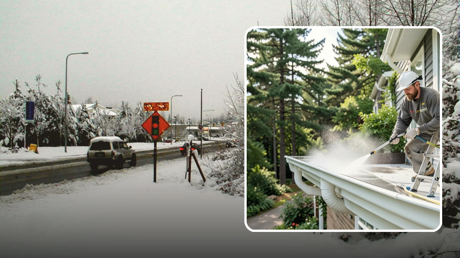 Exterior Gutter Whitening in Newcastle, King County, WA - Whitening service that scrubs the gray oxidation and grime off white gutter faces to match their original brightness.
