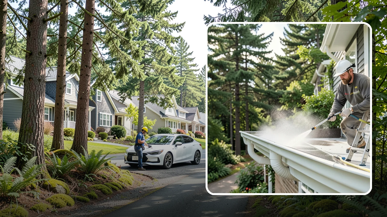 Exterior Gutter Whitening in Normandy Park, King County, WA - Whitening service that scrubs the gray oxidation and grime off white gutter faces to match their original brightness.