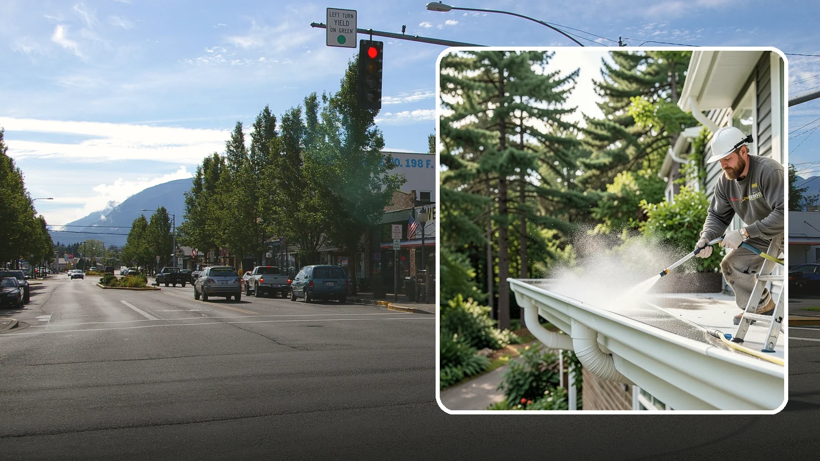 Exterior Gutter Whitening in North Bend, King County, WA - Whitening service that scrubs the gray oxidation and grime off white gutter faces to match their original brightness.