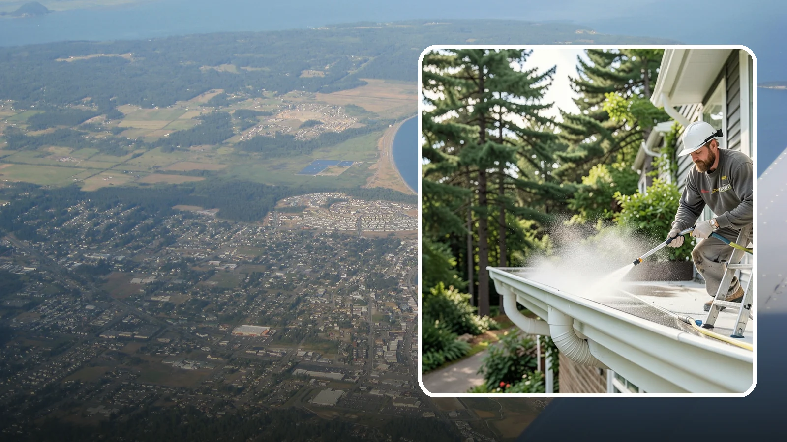 Exterior Gutter Whitening in Oak Harbor, Island County, WA - Whitening service that scrubs the gray oxidation and grime off white gutter faces to match their original brightness.