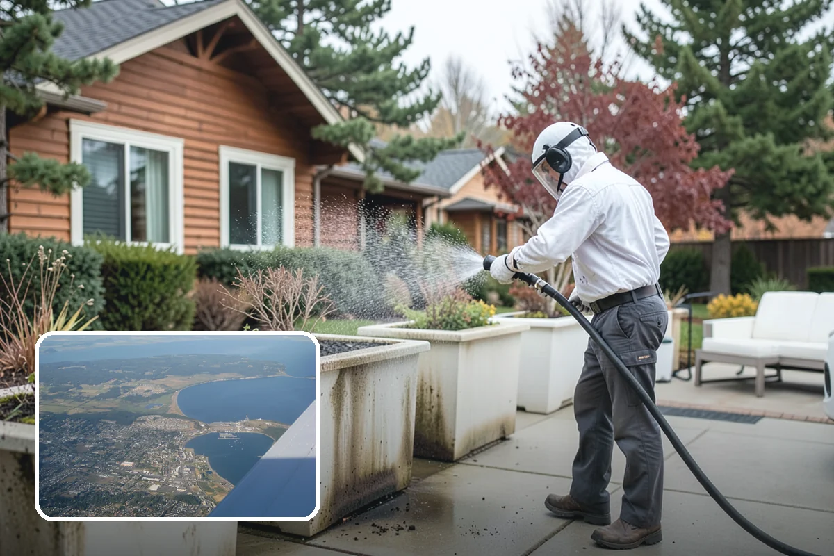 Exterior Gutter Whitening in Oak Harbor, Island County, WA - Dissolves the gray oxidation layer on white gutter faces