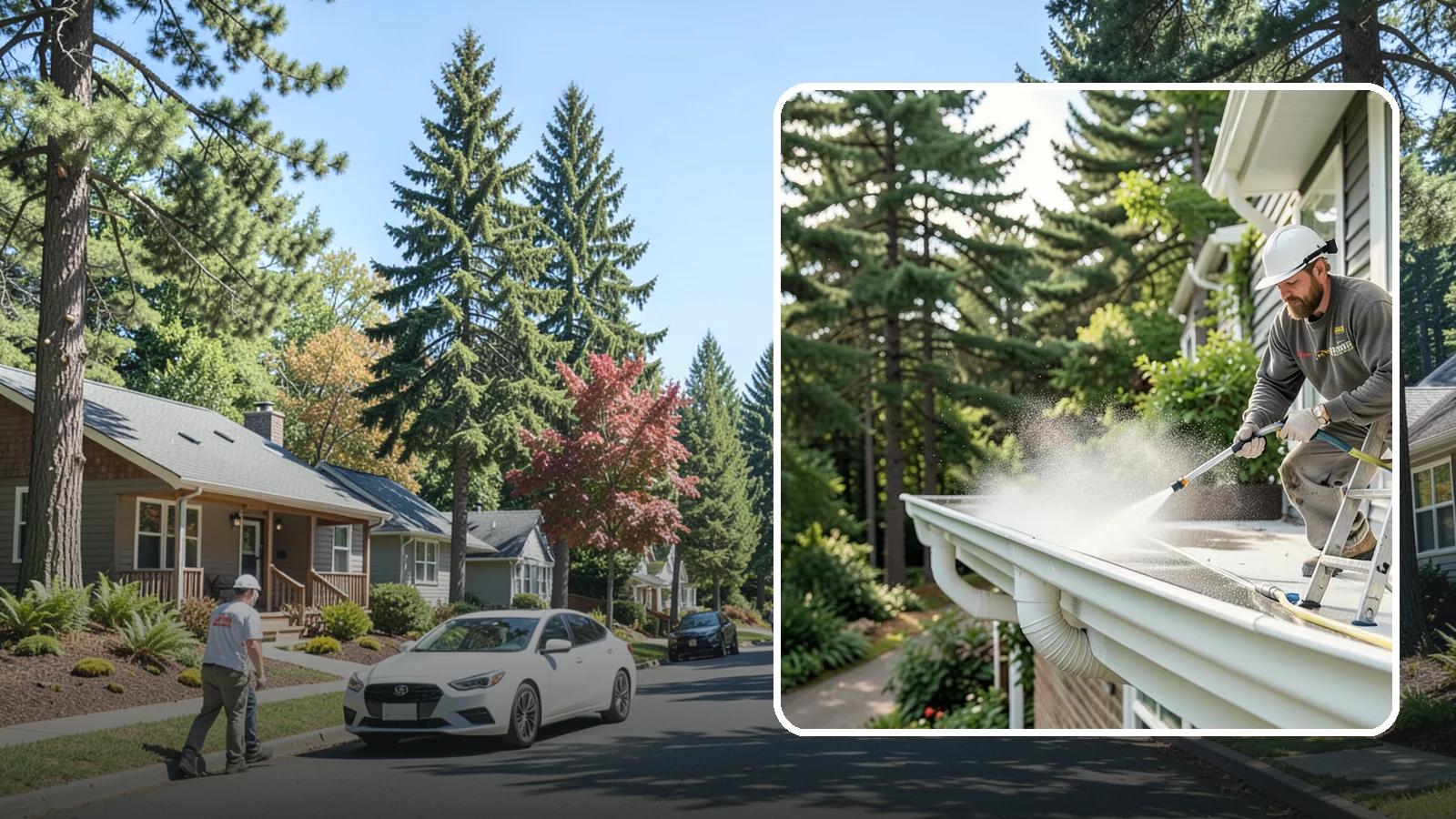 Exterior Gutter Whitening in Orting, Pierce County, WA - Whitening service that scrubs the gray oxidation and grime off white gutter faces to match their original brightness.