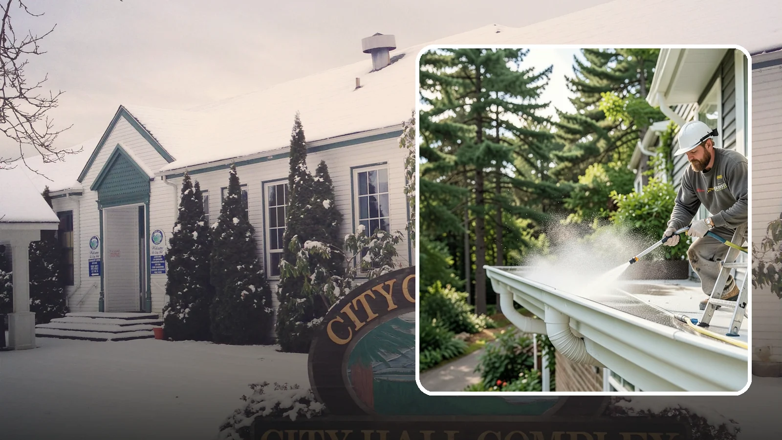 Exterior Gutter Whitening in Pacific, King County, WA - Whitening service that scrubs the gray oxidation and grime off white gutter faces to match their original brightness.
