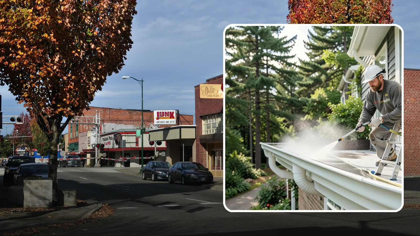Exterior Gutter Whitening in Puyallup, Pierce County, WA - Whitening service that scrubs the gray oxidation and grime off white gutter faces to match their original brightness.