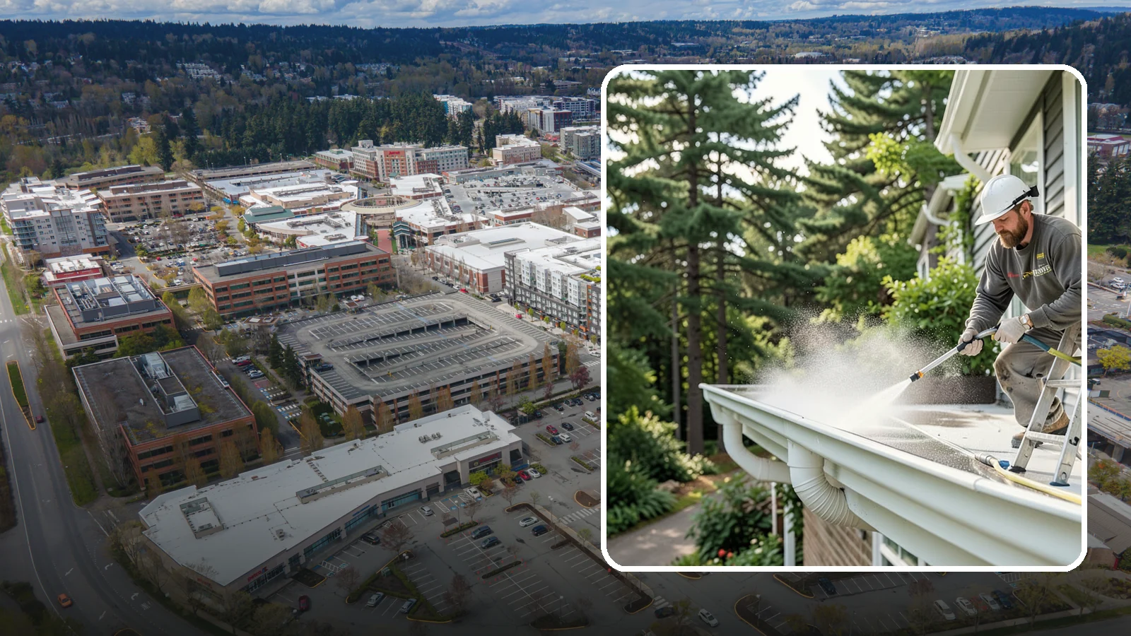 Exterior Gutter Whitening in Redmond, King County, WA - Whitening service that scrubs the gray oxidation and grime off white gutter faces to match their original brightness.