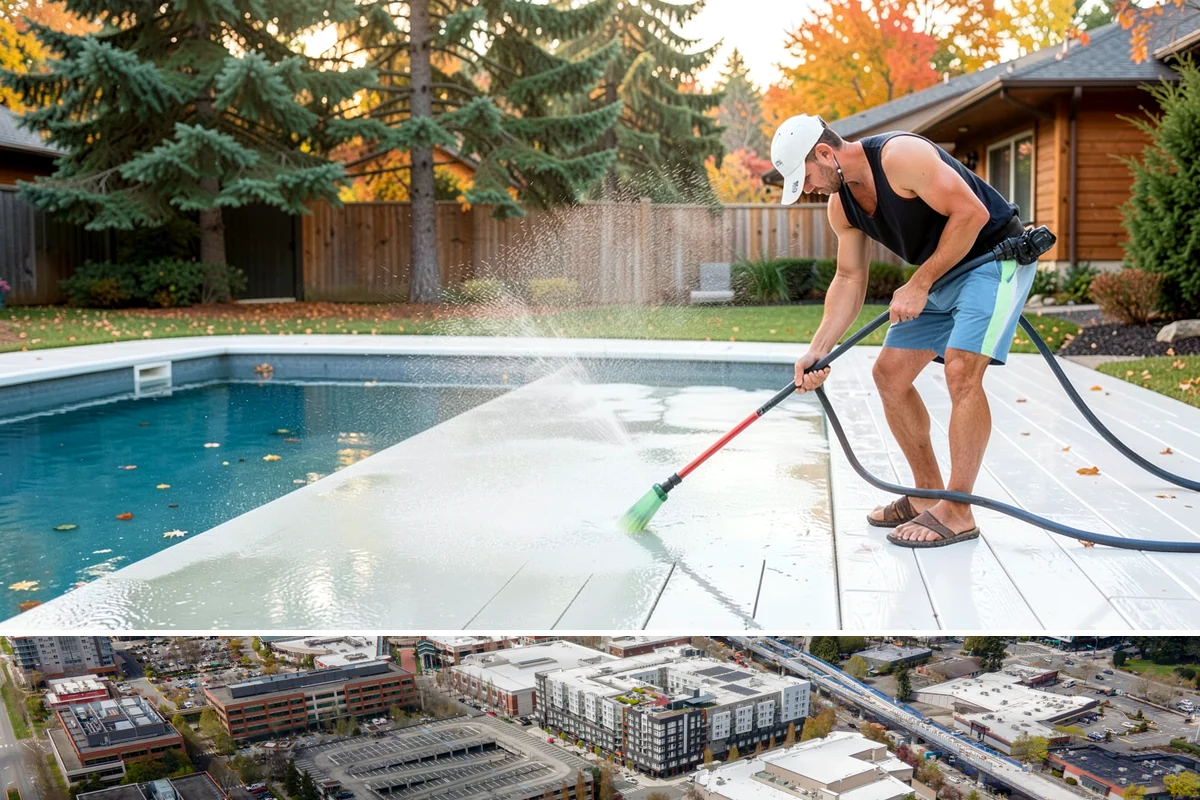 Exterior Gutter Whitening in Redmond, King County, WA - Whitening shows best in spring or summer when brighter light highlights the restored panels.