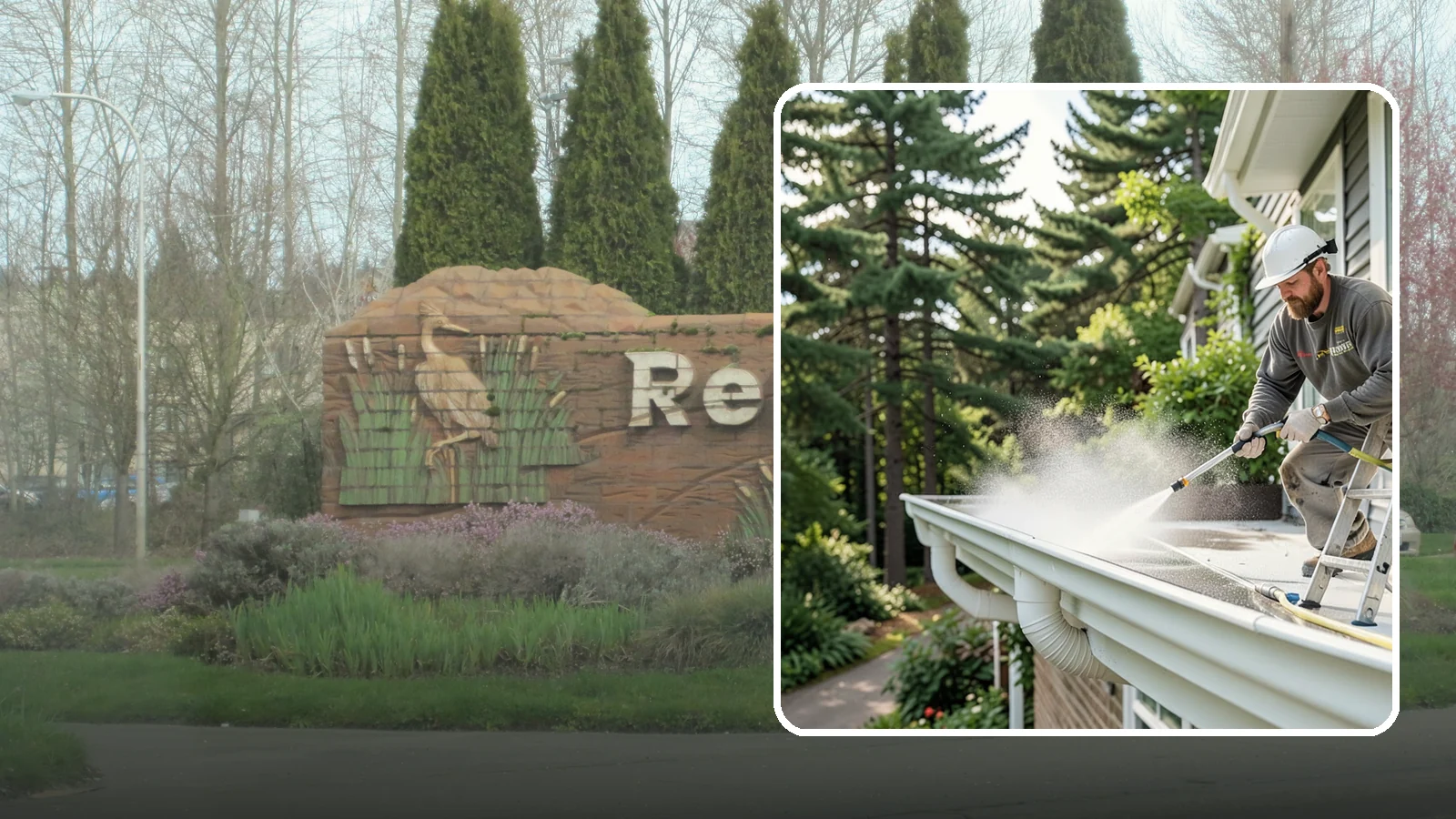 Exterior Gutter Whitening in Renton, King County, WA - Whitening service that scrubs the gray oxidation and grime off white gutter faces to match their original brightness.