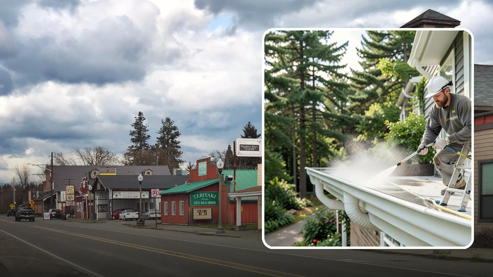Exterior Gutter Whitening in Roy, Pierce County, WA - Whitening service that scrubs the gray oxidation and grime off white gutter faces to match their original brightness.