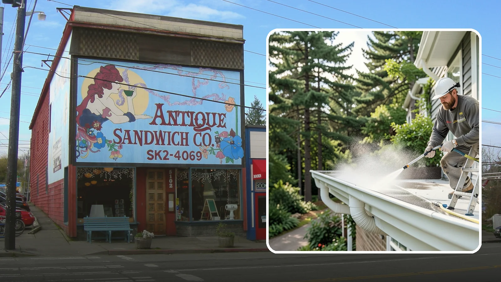Exterior Gutter Whitening in Ruston, Pierce County, WA - Whitening service that scrubs the gray oxidation and grime off white gutter faces to match their original brightness.