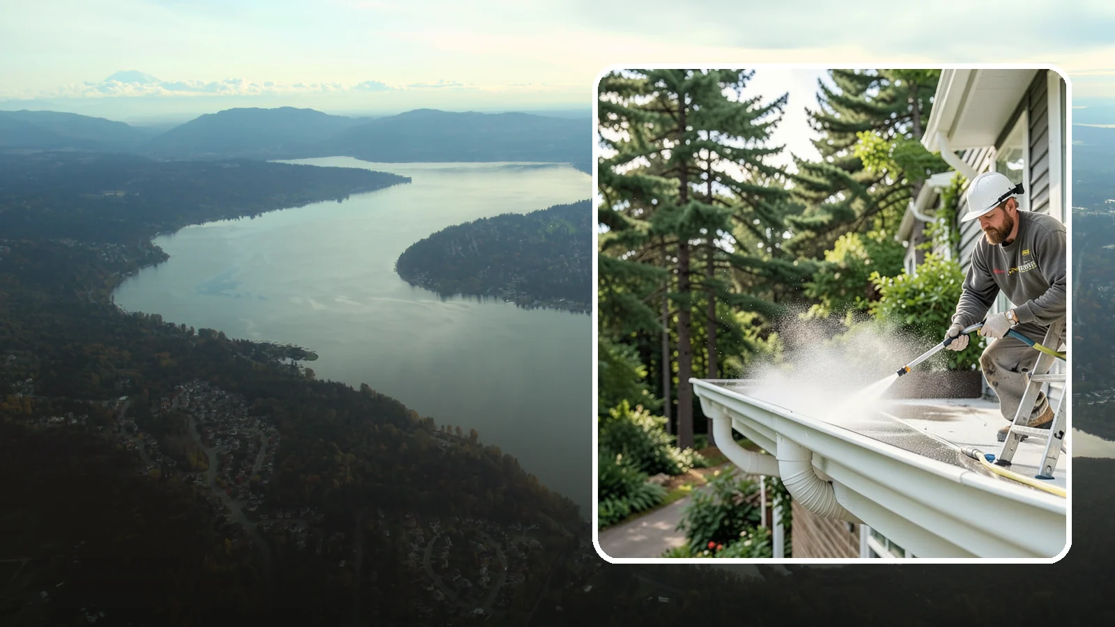 Exterior Gutter Whitening in Sammamish, King County, WA - Whitening service that scrubs the gray oxidation and grime off white gutter faces to match their original brightness.
