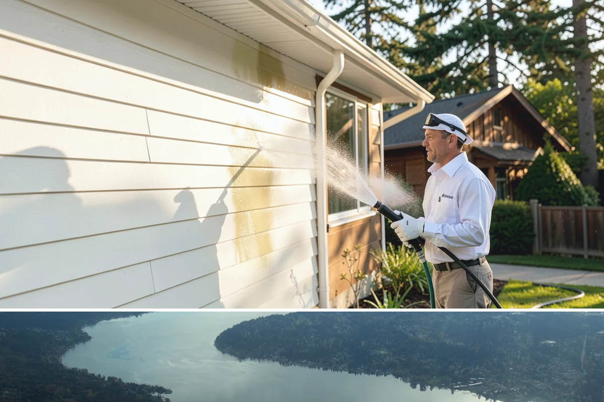Exterior Gutter Whitening in Sammamish, King County, WA - Whitening shows best in spring or summer when brighter light highlights the restored panels.
