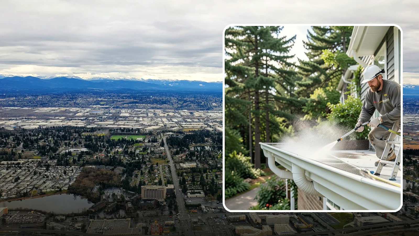 Exterior Gutter Whitening in SeaTac, King County, WA - Whitening service that scrubs the gray oxidation and grime off white gutter faces to match their original brightness.