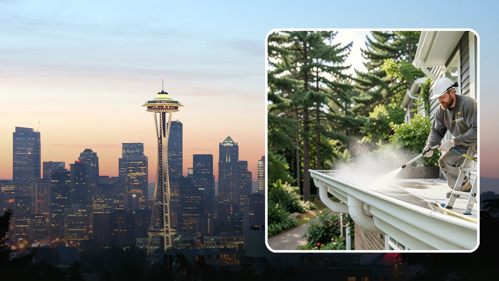 Exterior Gutter Whitening in Seattle, King County, WA - Whitening service that scrubs the gray oxidation and grime off white gutter faces to match their original brightness.