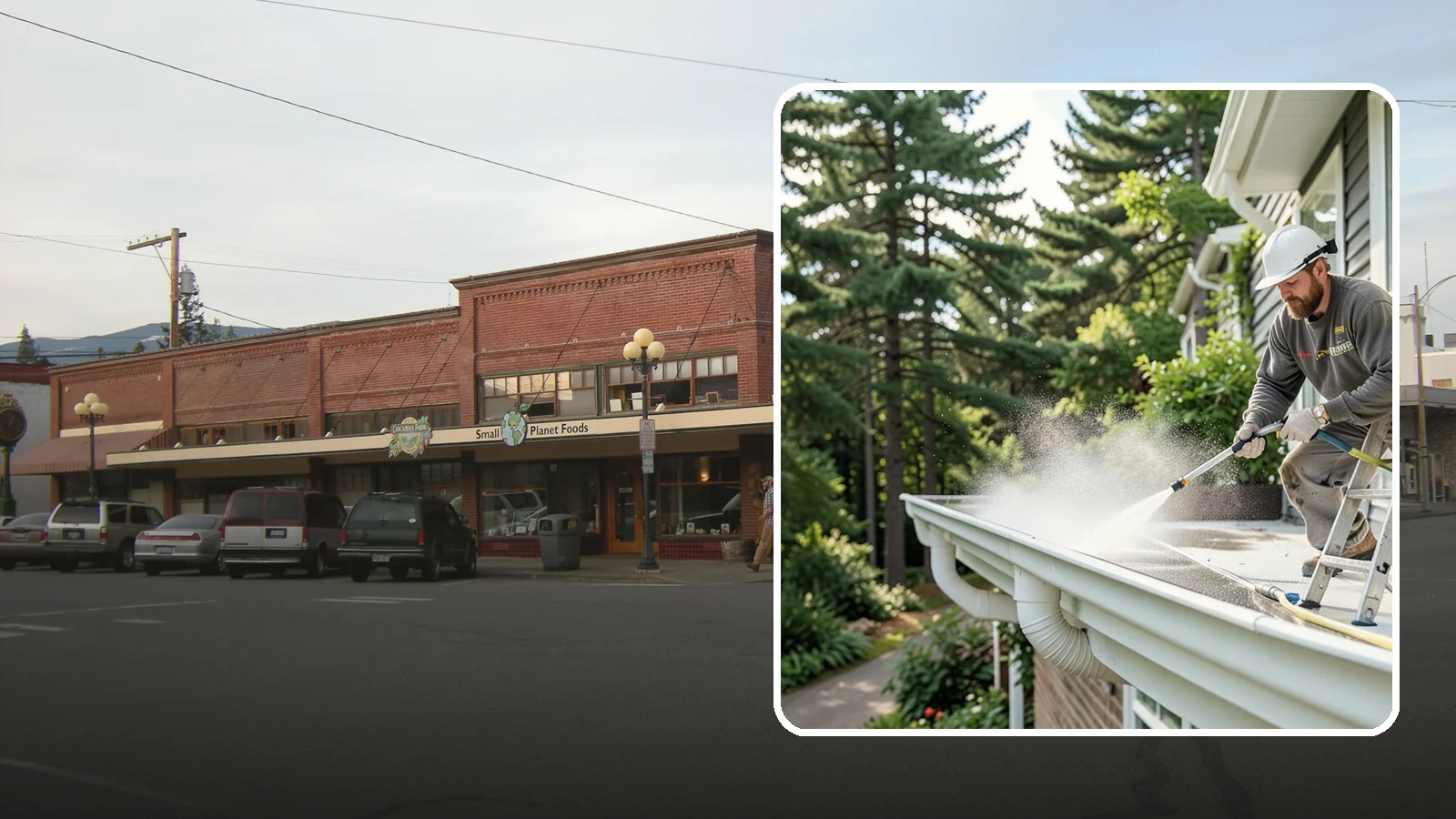 Exterior Gutter Whitening in Sedro-Woolley, Skagit County, WA - Whitening service that scrubs the gray oxidation and grime off white gutter faces to match their original brightness.