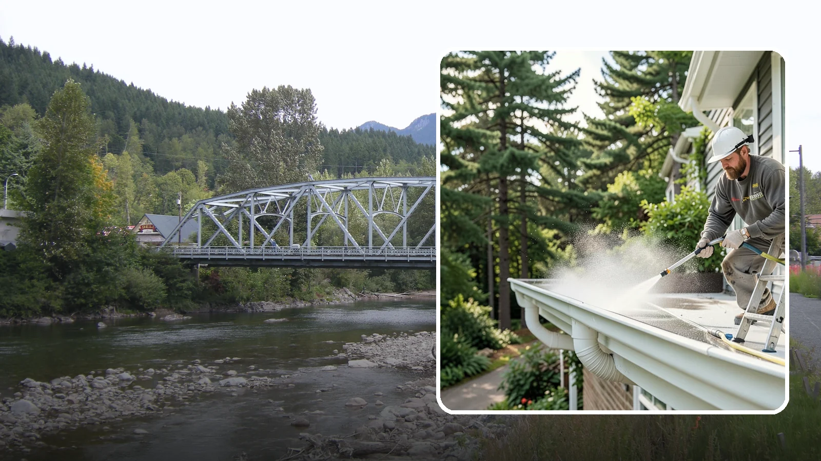Exterior Gutter Whitening in Skykomish, King County, WA - Whitening service that scrubs the gray oxidation and grime off white gutter faces to match their original brightness.