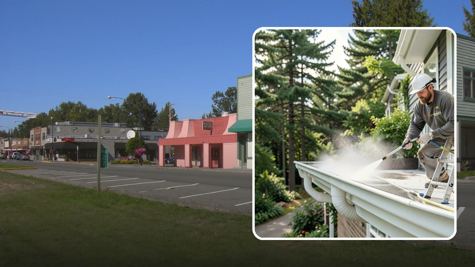 Exterior Gutter Whitening in Snoqualmie, King County, WA - Whitening service that scrubs the gray oxidation and grime off white gutter faces to match their original brightness.