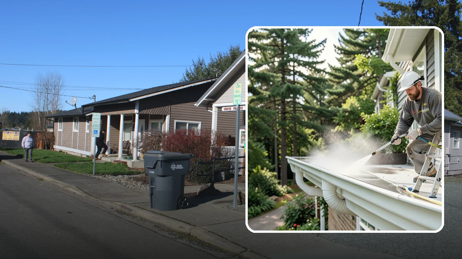 Exterior Gutter Whitening in South Prairie, Pierce County, WA - Whitening service that scrubs the gray oxidation and grime off white gutter faces to match their original brightness.