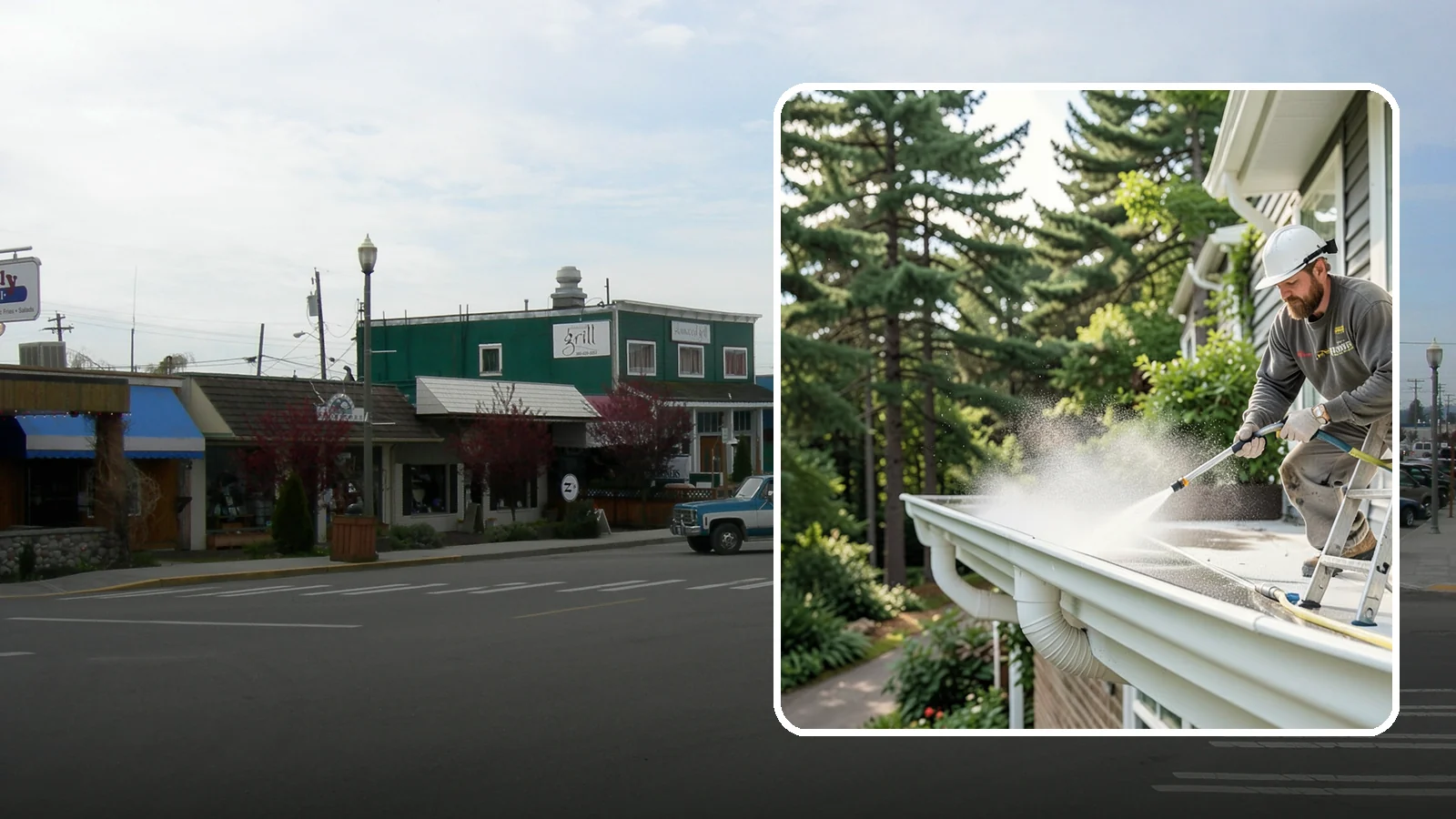Exterior Gutter Whitening in Stanwood, Snohomish County, WA - Whitening service that scrubs the gray oxidation and grime off white gutter faces to match their original brightness.