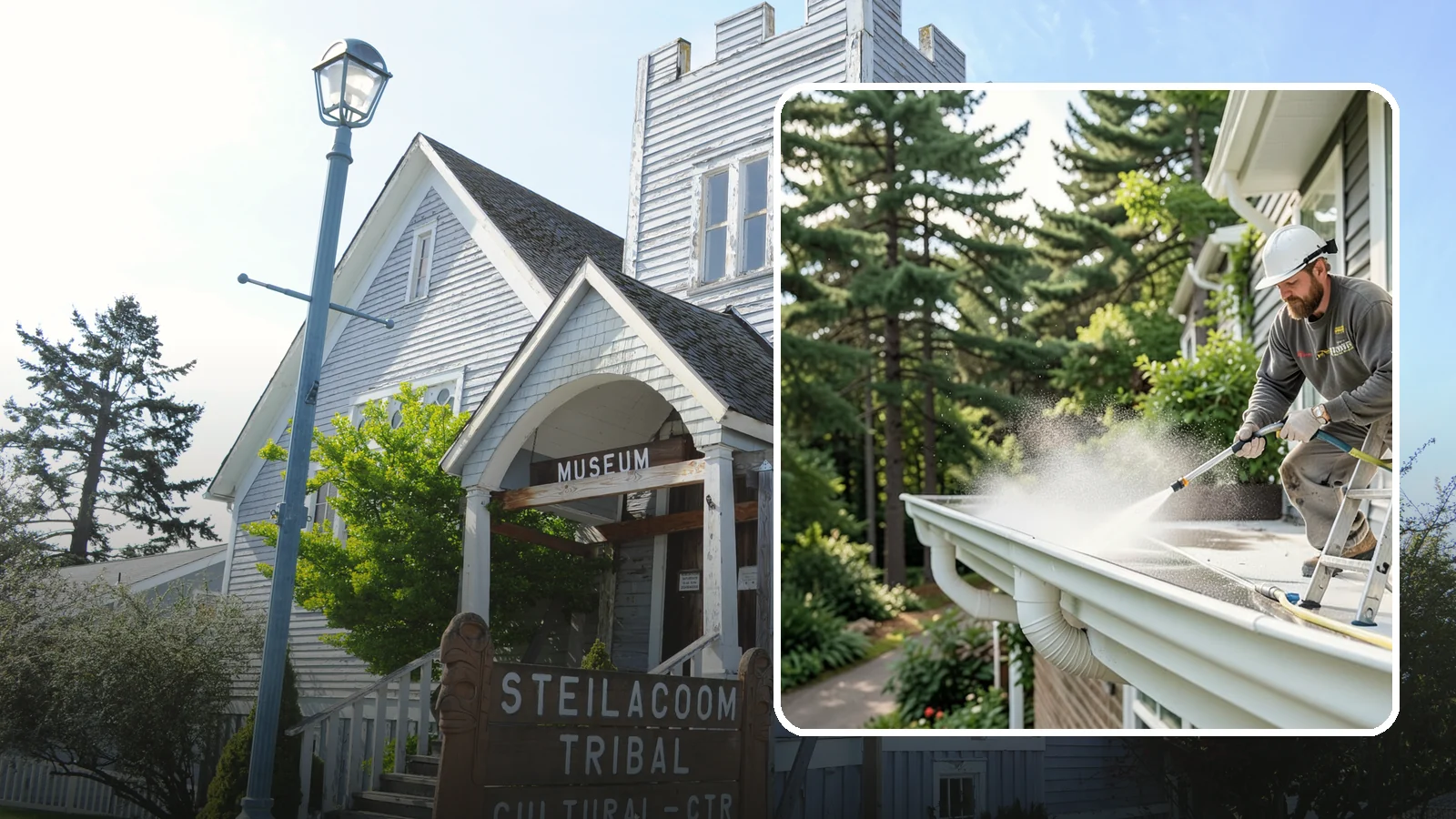 Exterior Gutter Whitening in Steilacoom, Pierce County, WA - Whitening service that scrubs the gray oxidation and grime off white gutter faces to match their original brightness.