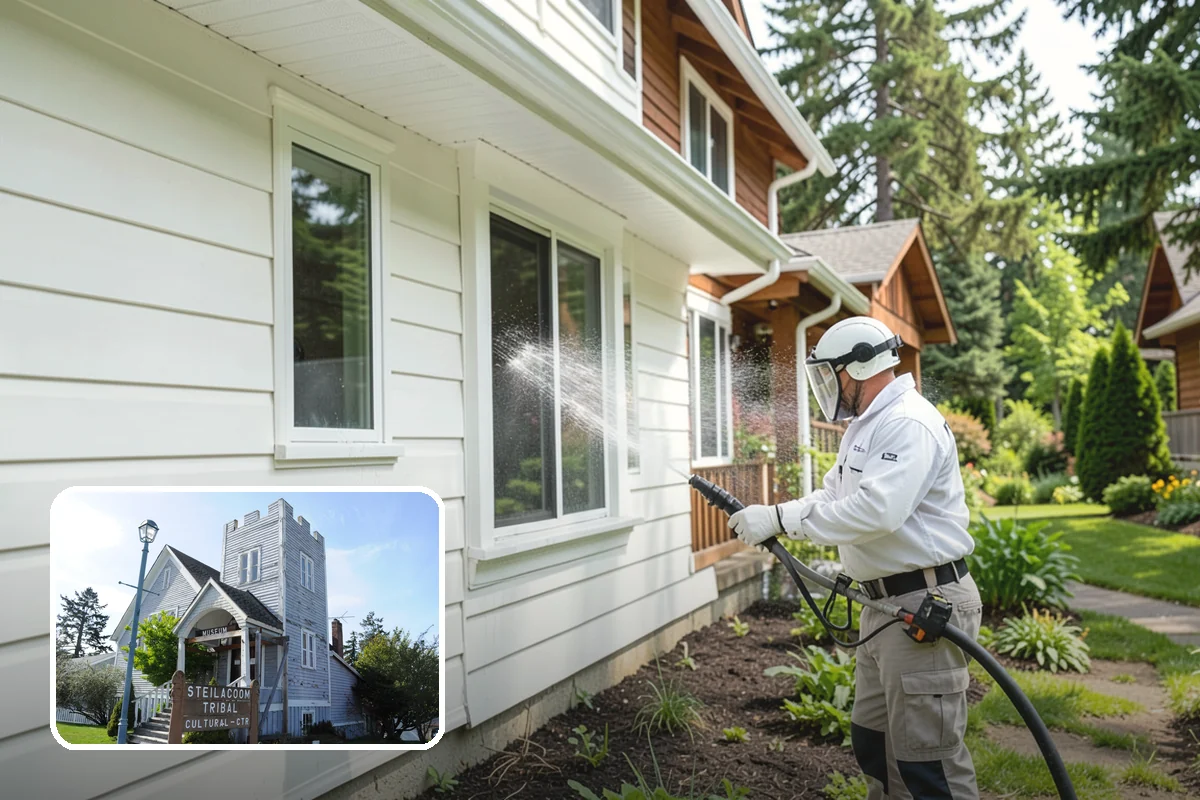 Exterior Gutter Whitening in Steilacoom, Pierce County, WA - Dissolves the gray oxidation layer on white gutter faces