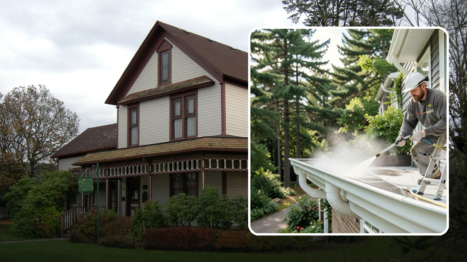 Exterior Gutter Whitening in Sumner, Pierce County, WA - Whitening service that scrubs the gray oxidation and grime off white gutter faces to match their original brightness.
