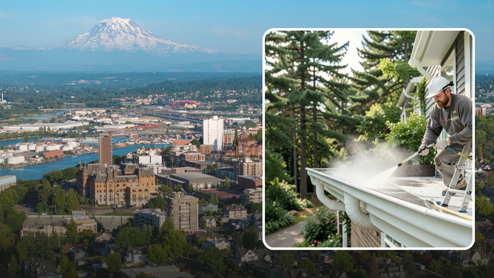 Exterior Gutter Whitening in Tacoma, Pierce County, WA - Whitening service that scrubs the gray oxidation and grime off white gutter faces to match their original brightness.