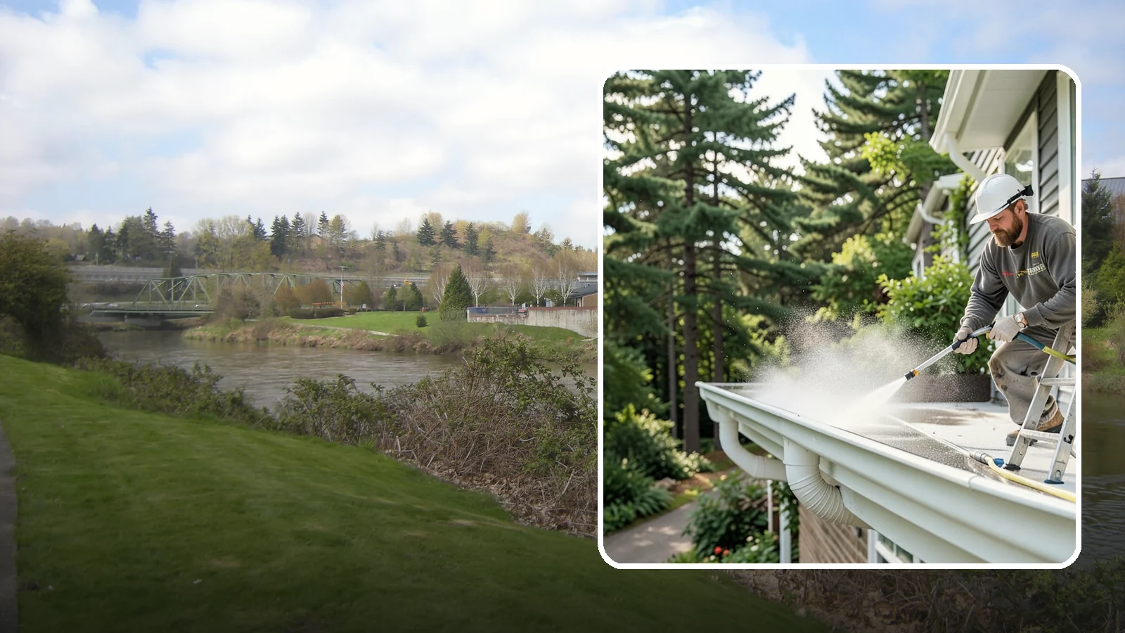 Exterior Gutter Whitening in Tukwila, King County, WA - Whitening service that scrubs the gray oxidation and grime off white gutter faces to match their original brightness.