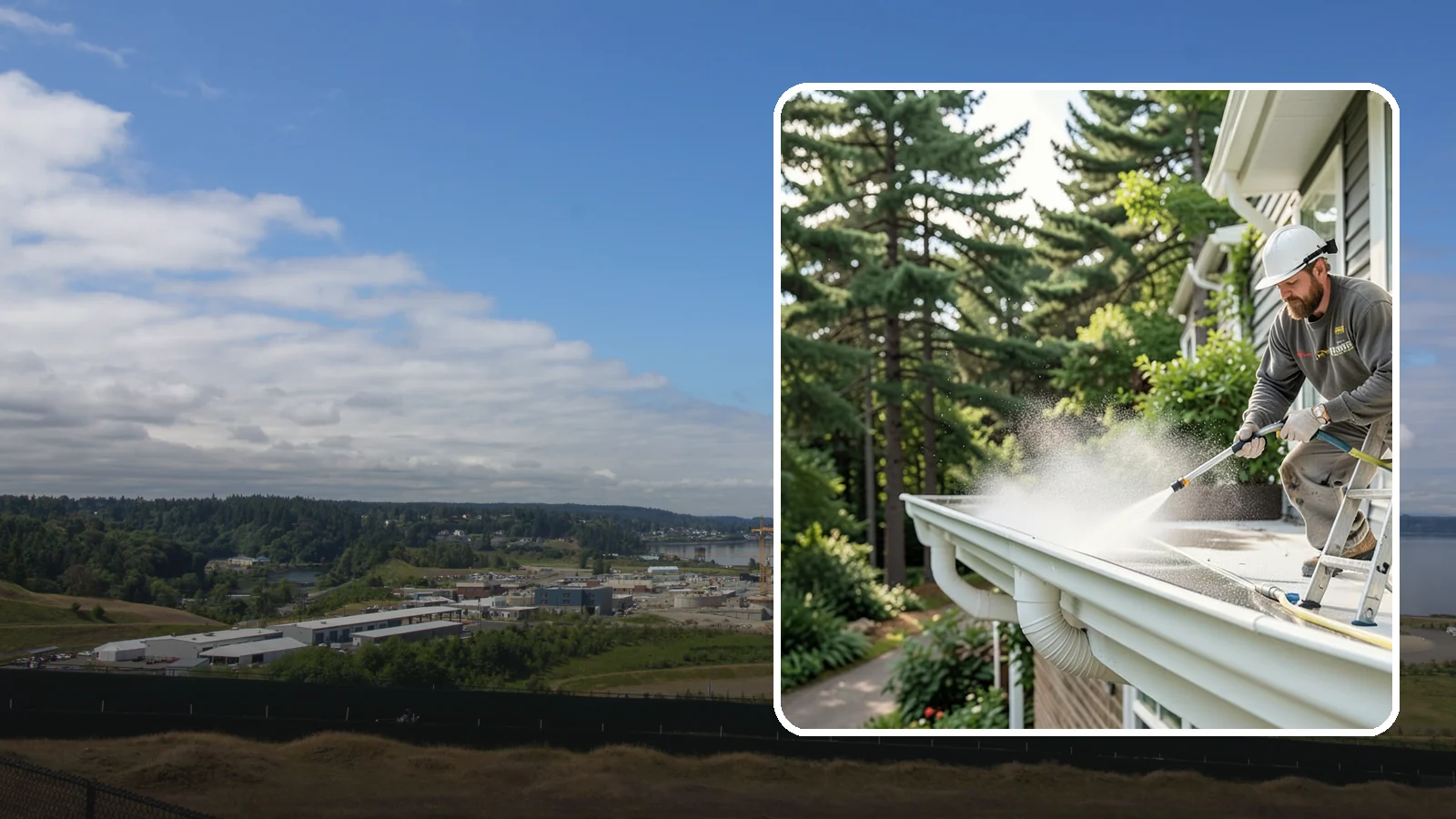 Exterior Gutter Whitening in University Place, Pierce County, WA - Whitening service that scrubs the gray oxidation and grime off white gutter faces to match their original brightness.