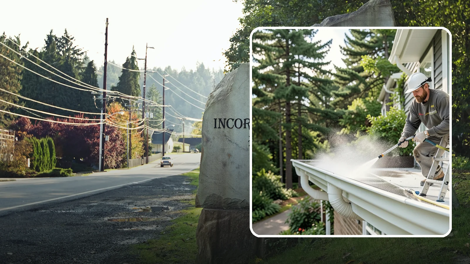 Exterior Gutter Whitening in Wilkeson, Pierce County, WA - Whitening service that scrubs the gray oxidation and grime off white gutter faces to match their original brightness.