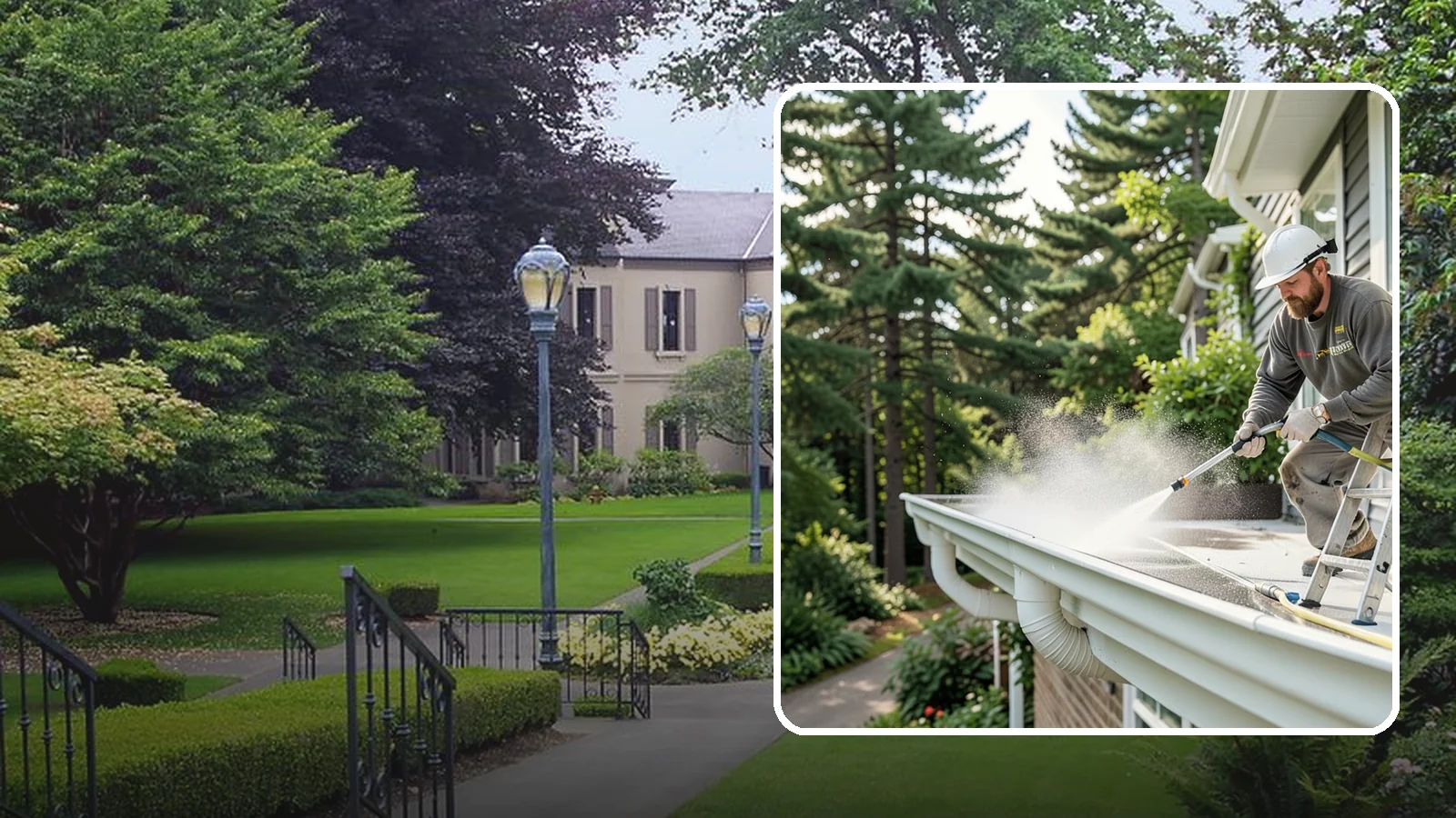 Exterior Gutter Whitening in Woodinville, King County, WA - Whitening service that scrubs the gray oxidation and grime off white gutter faces to match their original brightness.
