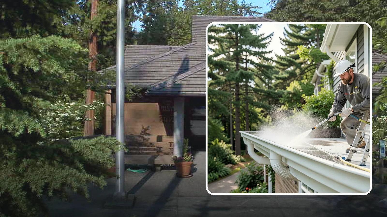 Exterior Gutter Whitening in Yarrow Point, King County, WA - Whitening service that scrubs the gray oxidation and grime off white gutter faces to match their original brightness.