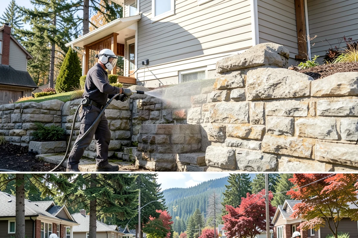 Exterior Stairs Cleaning in Hunts Point, King County, WA - Clean exterior stairs in fall and spring, the seasons when moss growth peaks and slip risk is highest.