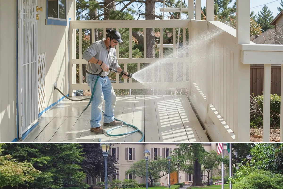 Exterior Stairs Cleaning in Woodinville, King County, WA - Clean exterior stairs in fall and spring, the seasons when moss growth peaks and slip risk is highest.