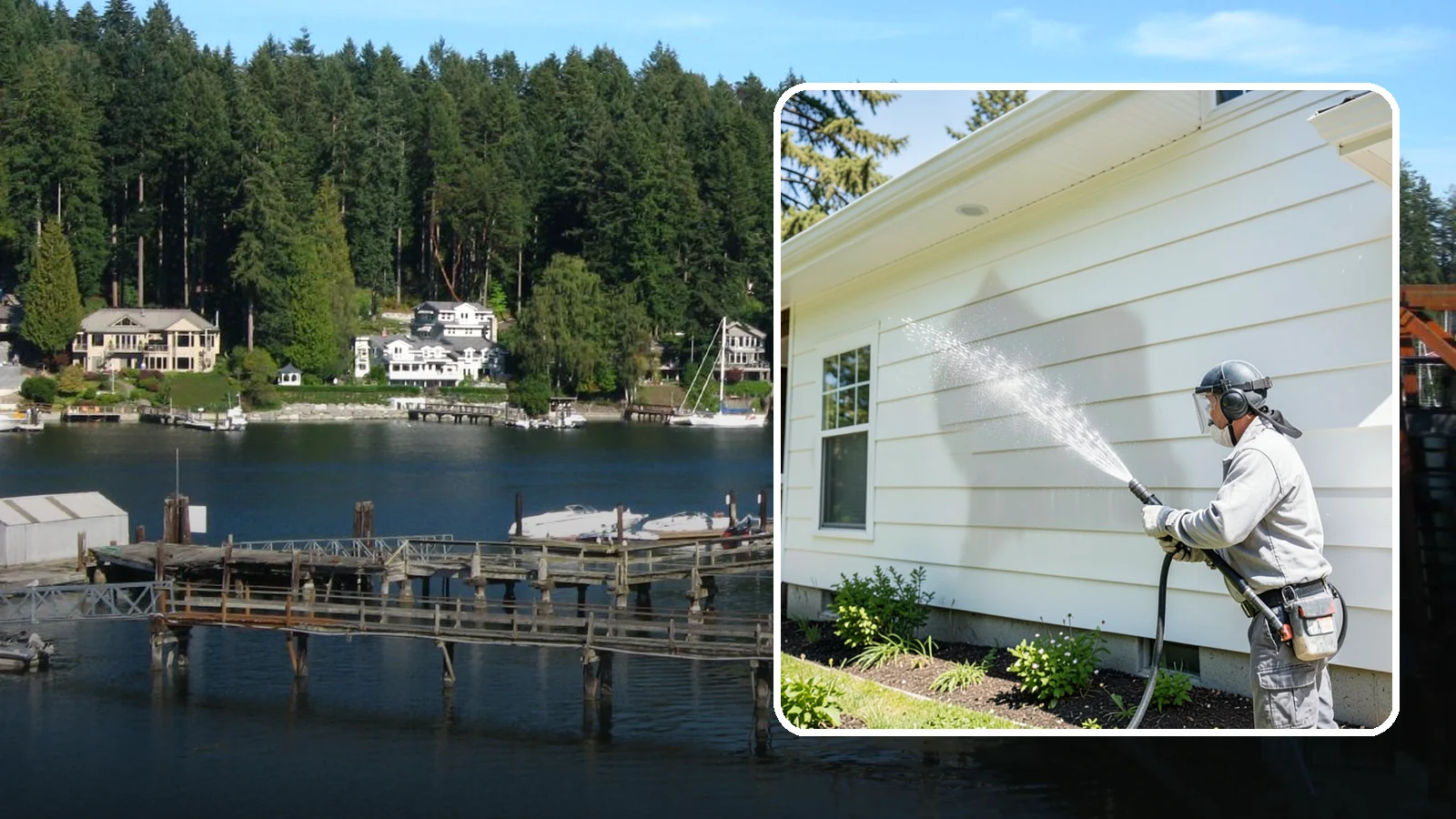 Exterior Wall Cleaning in Gig Harbor, Pierce County, WA - Exterior wall cleaning targets the flat wall surfaces where our region's rain leaves streaks, algae, and settled road film.