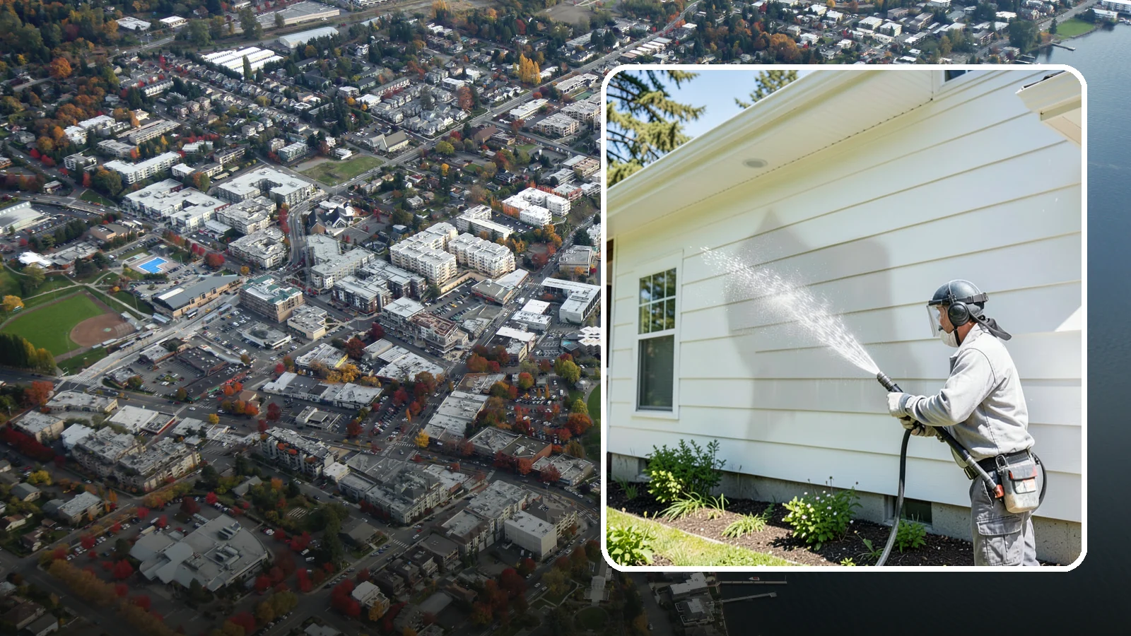 Exterior Wall Cleaning in Kirkland, King County, WA - Exterior wall cleaning targets the flat wall surfaces where our region's rain leaves streaks, algae, and settled road film.