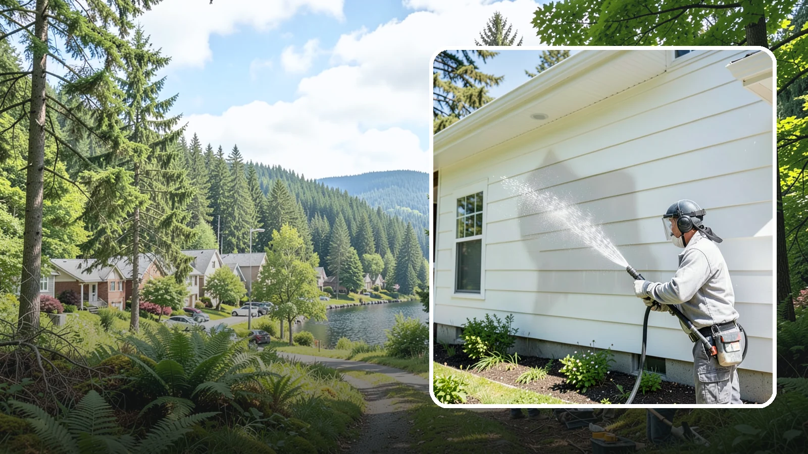 Exterior Wall Cleaning in Lake Forest Park, King County, WA - Exterior wall cleaning targets the flat wall surfaces where our region's rain leaves streaks, algae, and settled road film.