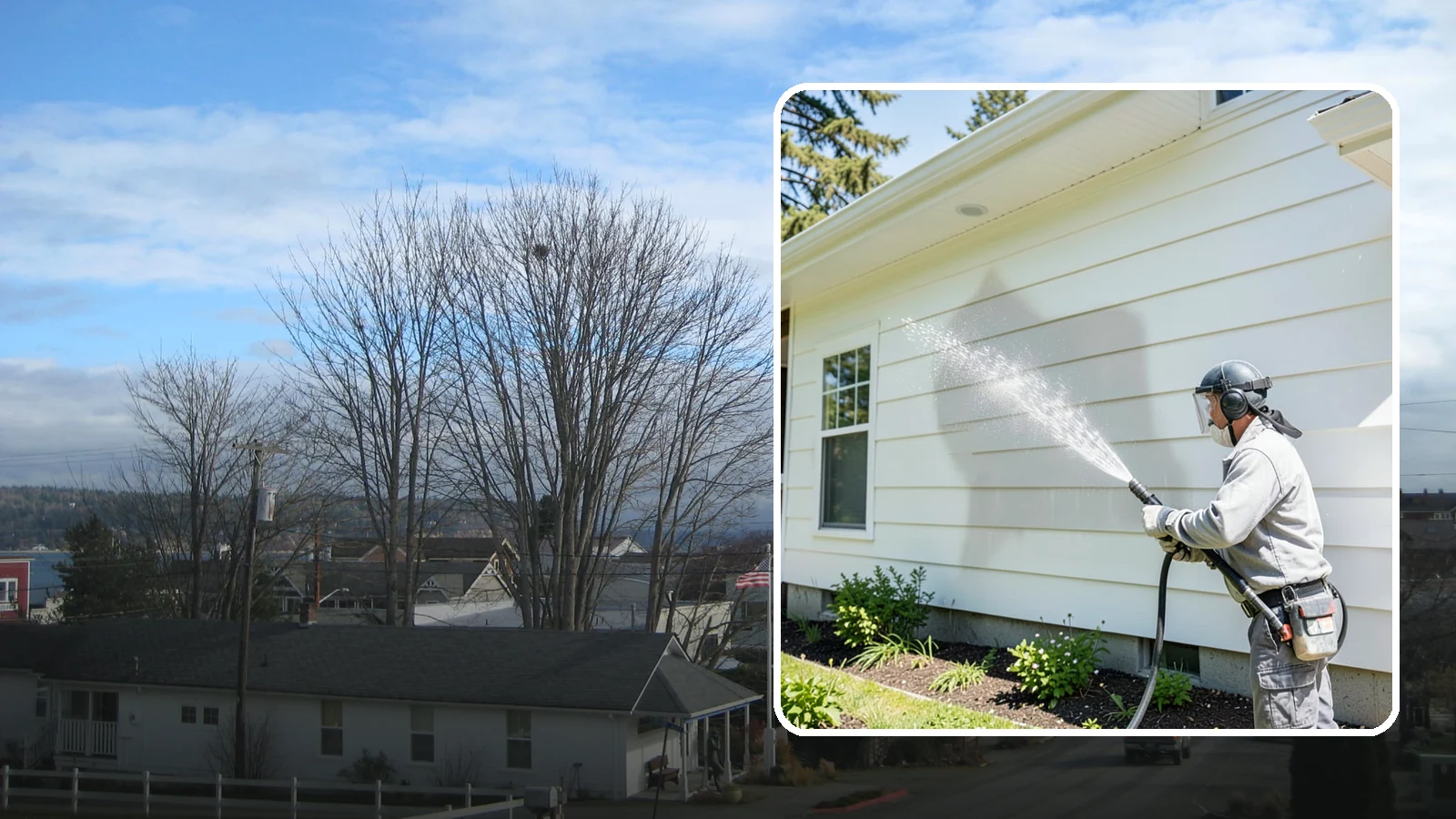 Exterior Wall Cleaning in Langley, Island County, WA - Exterior wall cleaning targets the flat wall surfaces where our region's rain leaves streaks, algae, and settled road film.