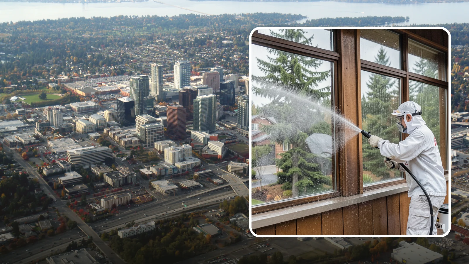 Exterior Window Cleaning in Bellevue, King County, WA - Streak-free exterior window cleaning that clears the grime and water spotting our damp, overcast climate leaves on the glass.