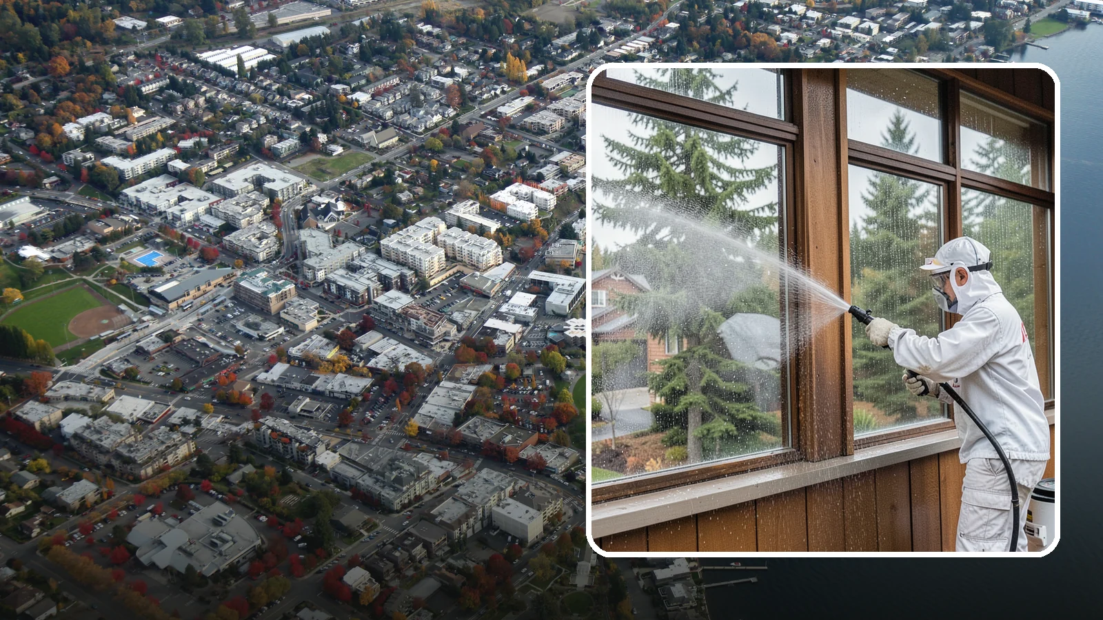 Exterior Window Cleaning in Kirkland, King County, WA - Streak-free exterior window cleaning that clears the grime and water spotting our damp, overcast climate leaves on the glass.