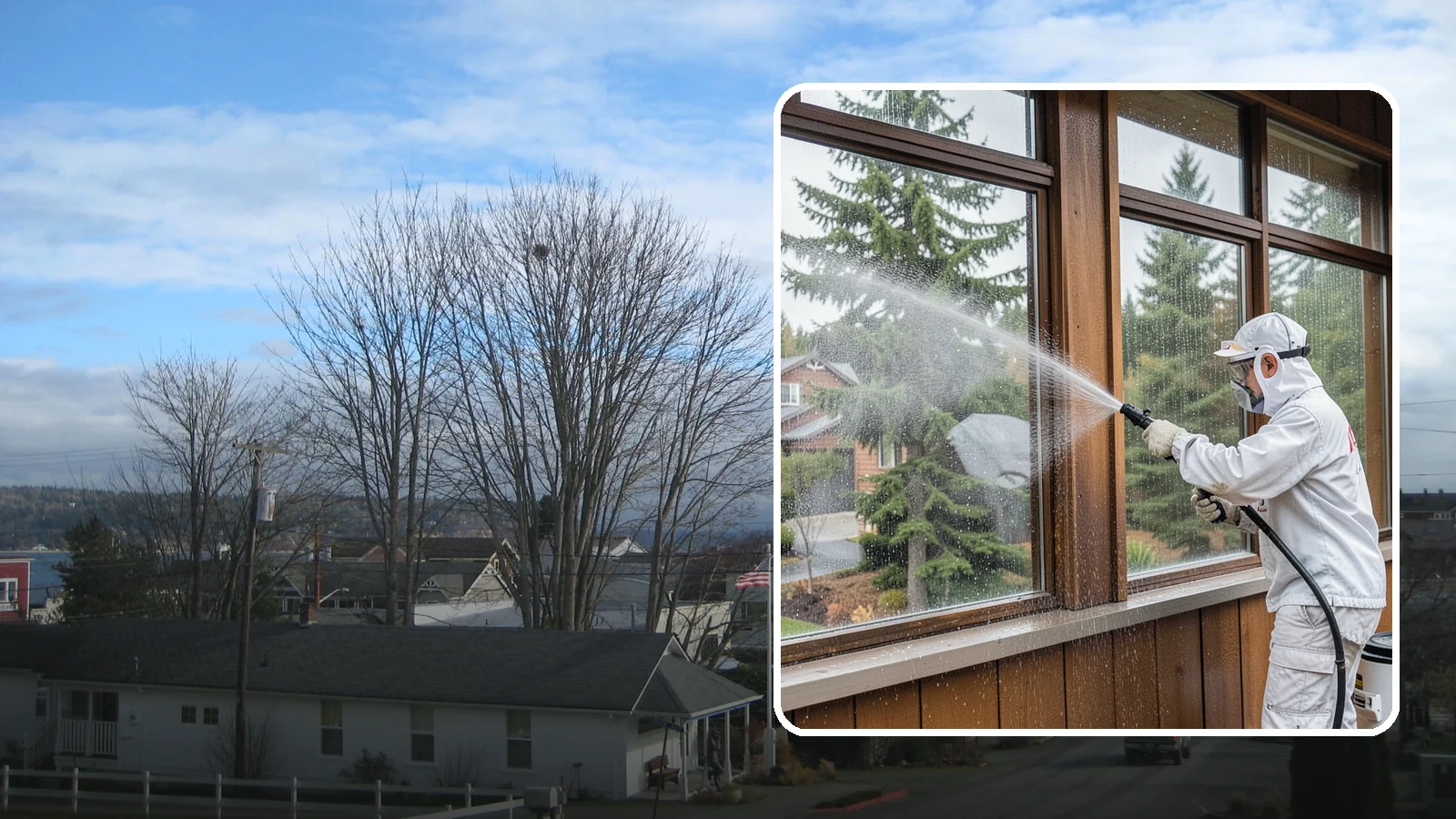 Exterior Window Cleaning in Langley, Island County, WA - Streak-free exterior window cleaning that clears the grime and water spotting our damp, overcast climate leaves on the glass.