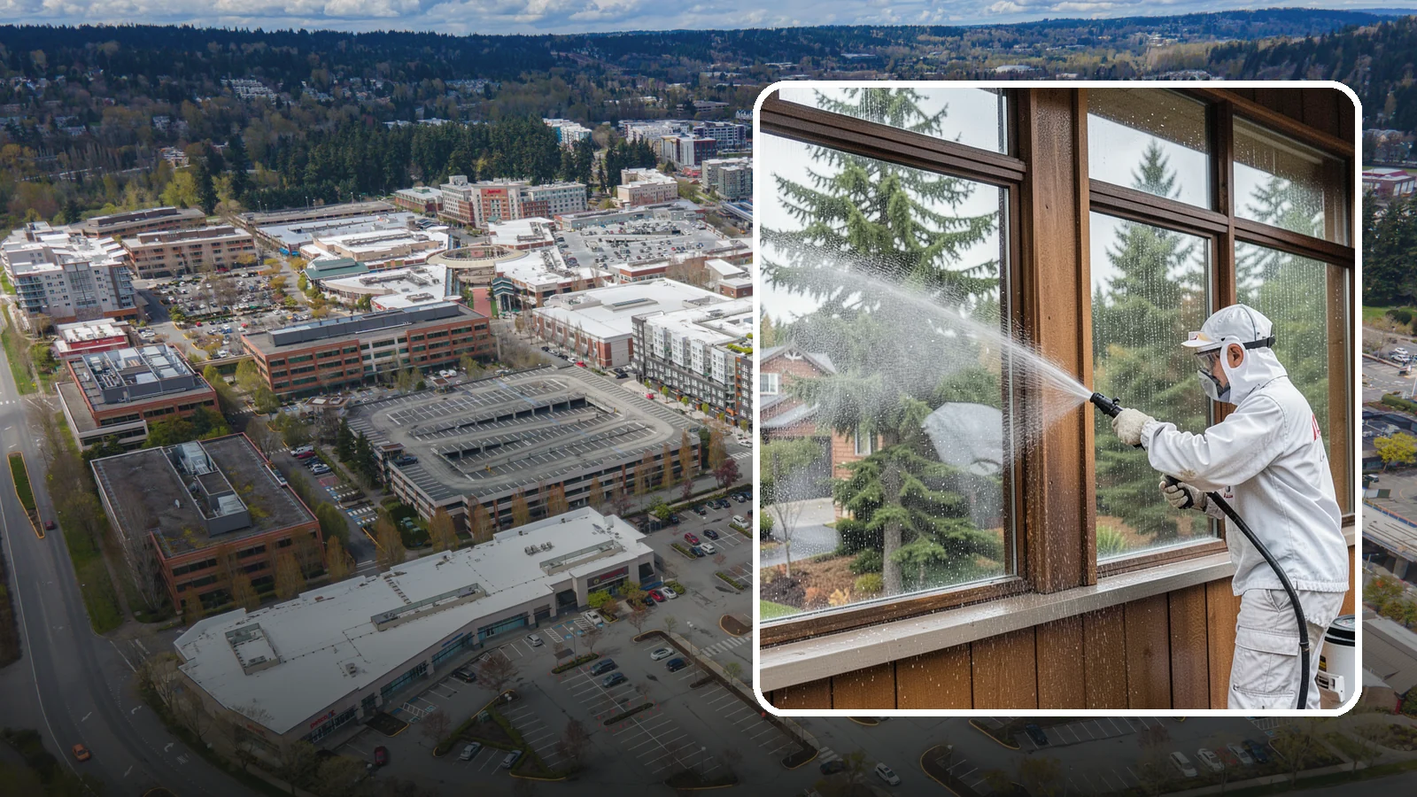 Exterior Window Cleaning in Redmond, King County, WA - Streak-free exterior window cleaning that clears the grime and water spotting our damp, overcast climate leaves on the glass.