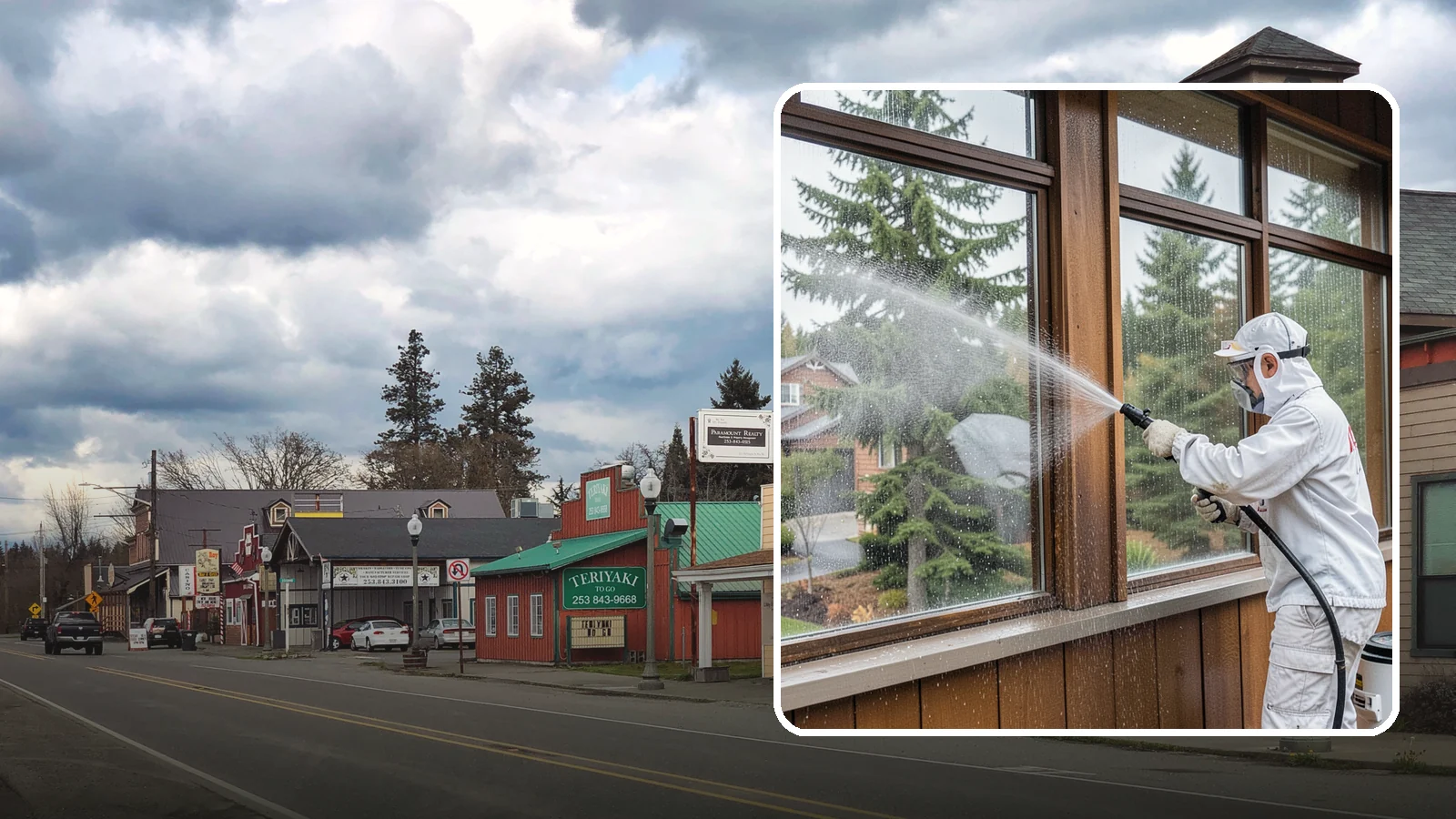 Exterior Window Cleaning in Roy, Pierce County, WA - Streak-free exterior window cleaning that clears the grime and water spotting our damp, overcast climate leaves on the glass.