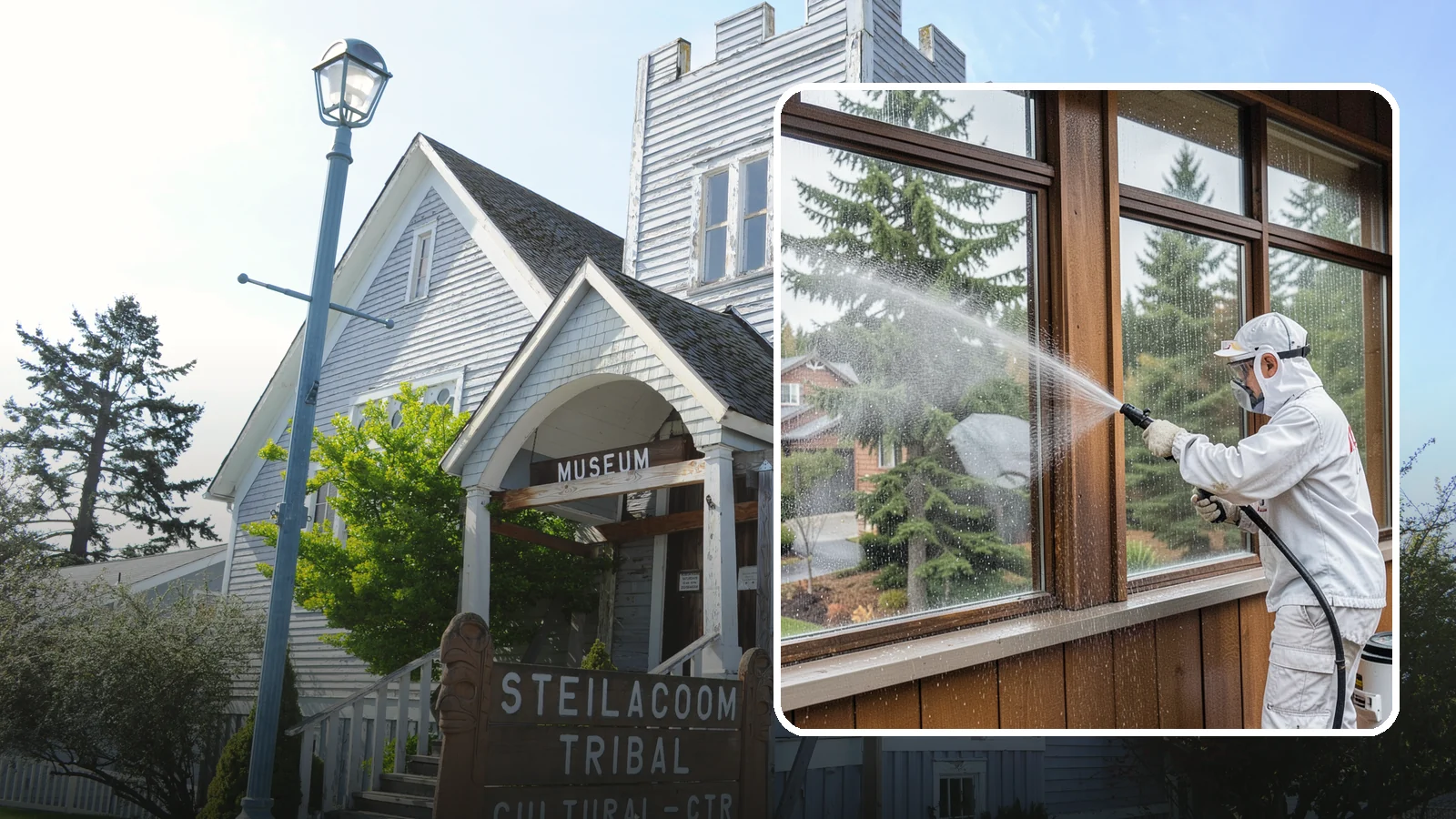 Exterior Window Cleaning in Steilacoom, Pierce County, WA - Streak-free exterior window cleaning that clears the grime and water spotting our damp, overcast climate leaves on the glass.
