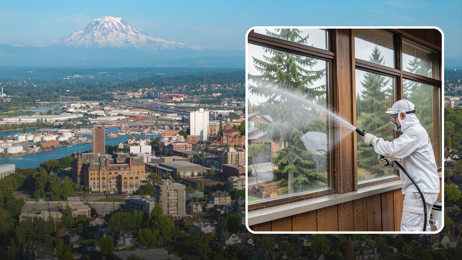 Exterior Window Cleaning in Tacoma, Pierce County, WA - Streak-free exterior window cleaning that clears the grime and water spotting our damp, overcast climate leaves on the glass.
