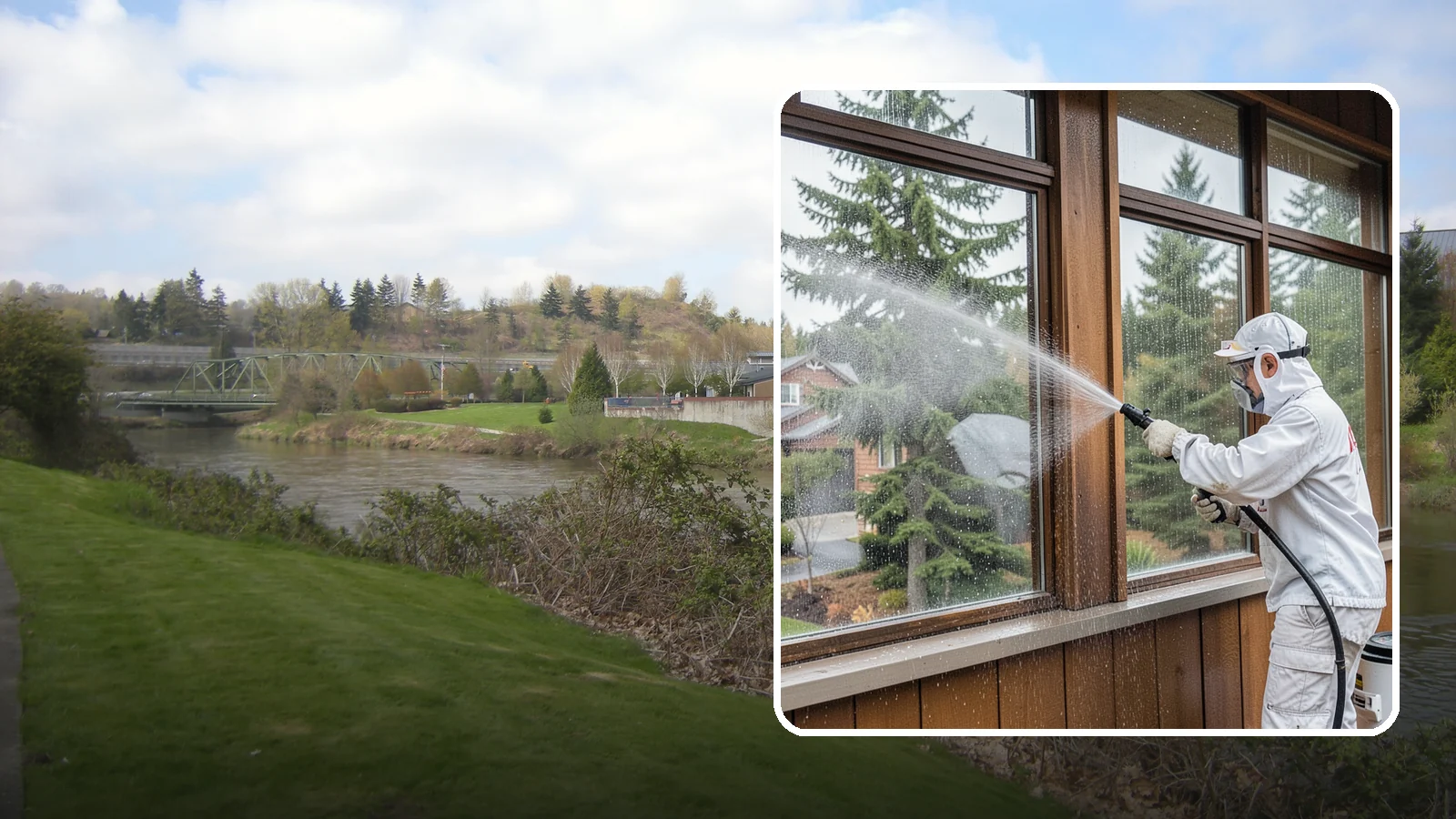 Exterior Window Cleaning in Tukwila, King County, WA - Streak-free exterior window cleaning that clears the grime and water spotting our damp, overcast climate leaves on the glass.